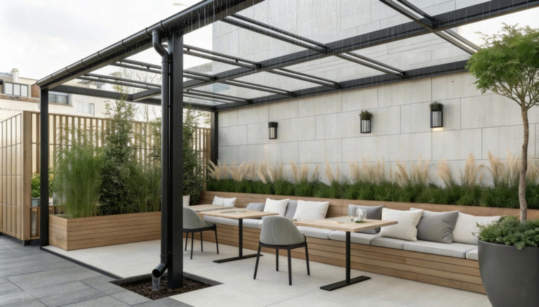 Terrasoverkapping met dakgoot en regenwaterafvoer